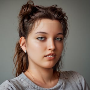 score_9, score_8_up, score_7_up,1 woman, 30 y o, Elena, waist-length portrait, brown straght disheveled hair, mouth closed, calm face, no emotions, gray turtleneck sweater, simple gray background, front view, no makeup, chubby, clear facial features, clear face, high-quality textures, high-quality facial skin textures, high-quality eyes, high-quality lips, looks away, hair tied up in a bun