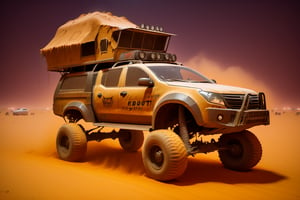 Gazzele car on 4 big wheels from Big Foot, mud tires, large kangaroo, roof rack, driving through an abandoned city Moscow in the desert, destroyed houses, sand, dust, sandstorm, thunderstorm, fire from exhaust pipes,scrap metal,rusty car,crossout craft,realism, night, rain, neon light, 