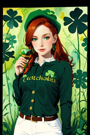 watercolor sticker in the form of a redhead leprechaun girl with the inscription "Luck", pestel colors, beautiful design,wtrcolor style,edgShamrock,WtrClr,watercolor,highres,oil painting,irish