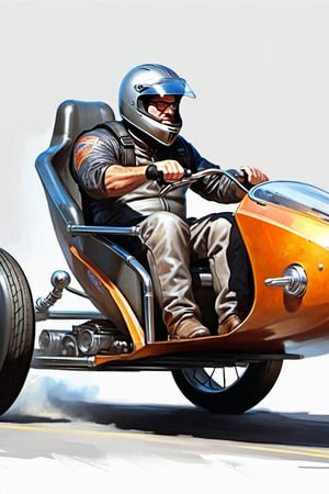 (disabled person rides in a wheelchair:1.45), broken leg, leg in a cast, neutral gray background, concept art, realistic,Expressiveh,dark theme,concept art, realistic,Expressiveh,dark theme, large man, middle age, strong build, biker clothes, a shiny polished steel helmet on his head, a Super Charger V8 engine installed on the sidecar, racing tires installed on the sidecar, racing sidecar, fire from the exhaust pipes