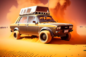 Lada Vaz 2105 car on 4 big wheels from Big Foot, mud tires, large kangaroo, roof rack, driving through an abandoned city Moscow in the desert, destroyed houses, sand, dust, sandstorm, thunderstorm, fire from exhaust pipes,scrap metal,rusty car,crossout craft,realism,