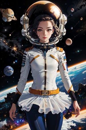 An 18-year-old young ballerina dances in space in a neon tutu and a space helmet, in space involving weightlessness, stars and Saturn behind her, slim fit physique, ballet tutu with elements of Soviet spacesuits, Soviet space paraphernalia, gloomy and dark atmosphere, retrofuturism, neon,Ballet_tutu,highres,bing_astronaut,Futuristic room,niimi kaoru