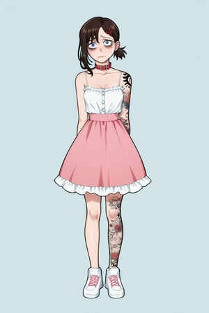 1girl, long hair, long curly blonde hair, ball pink gown, big white sneakers, massive dog collar parted hair, wavy hair, pale skin, light blue eyes, frills, white camisole, short dress, bags under eyes, simple background, :3, full body, standing,highres, tattoo,Higashiyama_Kobeni