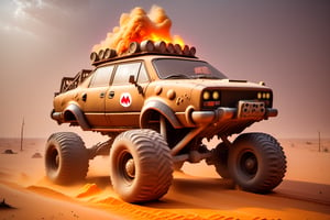 Mario Mario car from super mario bros on 4 big wheels from Big Foot, mud tires, large kangaroo, roof rack, driving through an abandoned city Moscow in the desert, destroyed houses, sand, dust, sandstorm, thunderstorm, fire from exhaust pipes,scrap metal,rusty car,crossout craft,realism,