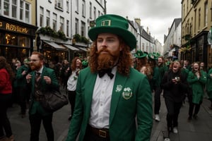 many young people in colorful suits with green shades celebrate St. Patrick's Day on the main street of the city, many have red curly hair, men have curly red beards, Irish flags are waving, many are drinking beer on the street from large beer mugs, an atmosphere of joy and fun, early spring, holiday, Ireland, beautiful girls,irish,edgShamrock,elf_crown,Beard2Alpha,photorealistic