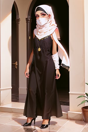 score_9, score_8_up, score_7_up, 1 girl, a European woman in a Muslim abaya dress and niqab, white skin, full body, hijab, hijab dress, closed muslim dress, abaya, abaya dress, face covered with niqab, floor-length dress, black dress, black niqab, black hijabscarf, standing, flat chest, closed legs, closed shoulders, closed neckline, Hijab style,scarf,hijabscarf,hijab scarf style, dirty, littered narrow street in the background