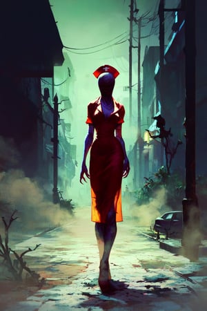 Score_9, score_8_up, score_8_up,1girl, night club dress, walking along a deserted street in silent hill city, fog, smoke, unclear shadows of monsters in the depths of the fog, translucent images, fear, horror, silent hill,Sairento Hiru style,silent hill style,Nurse,faceless