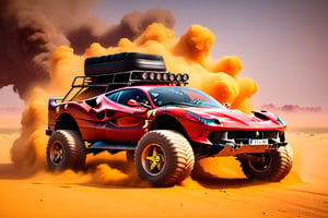 Ferrari car on 6 big wheels from Big Foot, mud tires, large kangaroo, roof rack, driving through an abandoned city in the desert, destroyed houses, sand, dust, sandstorm, thunderstorm, fire from exhaust pipes,scrap metal,rusty car,crossout craft,realism,