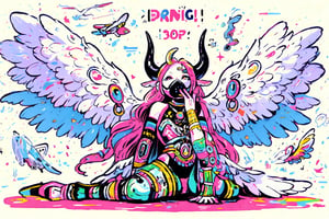 Score_9,score_8,score_7, Cute angel girl with horns and wings absolutley naked,angel_wings, gas mask, ballerine tutu