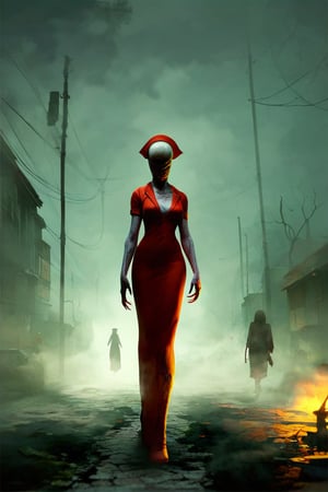 Score_9, score_8_up, score_8_up,1girl, night club dress, walking along a deserted street in silent hill city, fog, smoke, unclear shadows of monsters in the depths of the fog, translucent images, fear, horror, silent hill,Sairento Hiru style,silent hill style,Nurse,faceless, gang bang, group sex