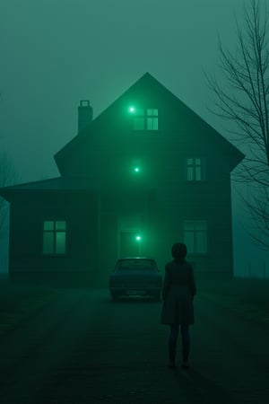 1 girl, 1 ghost boy, standing near the ghost house, russia, russian village, ratlook car vaz 2105, scary, horror, nightmare, cinematic light, 8k resolution, dark art, horror atmosphere, silent hill atmosphere! Green filter, fog,reburbanback,disney style