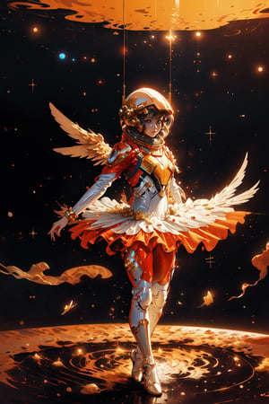 An 18-year-old young ballerina dances in space in a neon tutu and a space helmet, in space involving weightlessness, stars and Saturn behind her, slim fit physique, ballet tutu with elements of Soviet spacesuits, Soviet space paraphernalia, gloomy and dark atmosphere, retrofuturism, neon,Ballet_tutu,highres,bing_astronaut,Futuristic room,winged helmet