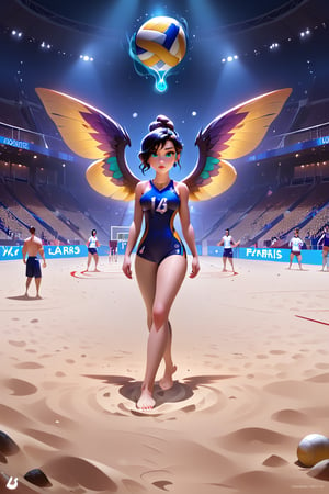 Masterpiece, highest quality, high brightness, a group of fey girls, olympic sportswear, volleyball, stadium, paris,Expressiveh,concept art,dark theme,fey, fantasy, fey wings, volleyball, volleyball net, sand, stands with spectators, magic, dragons, golem referee,disney pixar style