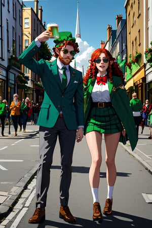 many young people in colorful suits with green shades celebrate St. Patrick's Day on the main street of the city, many have red curly hair, men have curly red beards, Irish flags are waving, many are drinking beer on the street from large beer mugs, an atmosphere of joy and fun, early spring, holiday, Ireland, beautiful girls,irish,edgShamrock,elf_crown