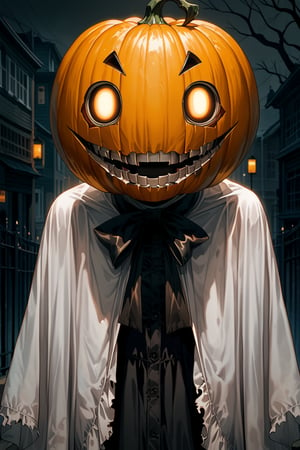 score_9, score_8_up, score_7_up, source_anime, city, spooky helloween nightmare, 1 man, Halloween ghost costume, decent white costume, Halloween pumpkin helmet with a sinister grin on her head, pumpkin helmet,Suika2XL, dark art, dark shadows, creepy, horror, scary, nightmare, body horror, 