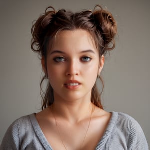 score_9, score_8_up, score_7_up,1 woman, 30 y o, Elena, waist-length portrait, brown straght disheveled hair, mouth closed, calm face, no emotions, gray turtleneck sweater, simple gray background, front view, no makeup, chubby, clear facial features, clear face, high-quality textures, high-quality facial skin textures, high-quality eyes, high-quality lips, looks away, hair tied up in a bun