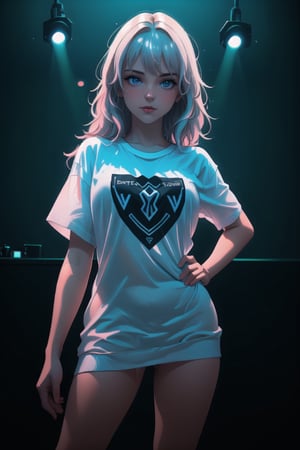  a young 18-year-old dwarf girl poses for a photographer in a nightclub, the girl is wearing only a translucent white knee-length oversized shirt, the girl has no clothes under the T-shirt, small breasts and a neat vagina are visible under the T-shirt, the nightclub is dark, neon lighting, bokeh, dim lighting, cinematic lighting, volumetric lighting,Sexy Pose,excessive pubic hair,IncrsPajChal,naked sweater