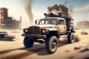 Crossout ctaft car on 4 big mud tired wheel, large Brum bar, roof rack, driving through an abandoned city Moscow in the desert, destroyed houses, sand, dust, sandstorm, thunderstorm, fire from exhaust pipes,scrap metal,rusty car,crossout craft,realism, mad max,futuristic car,tag score