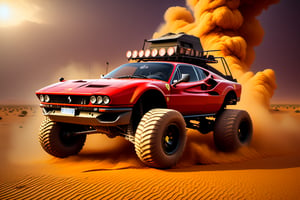 Ferrari car on 6 big wheels from Big Foot, mud tires, large kangaroo, roof rack, driving through an abandoned city in the desert, destroyed houses, sand, dust, sandstorm, thunderstorm, fire from exhaust pipes,scrap metal,rusty car,crossout craft,realism, 