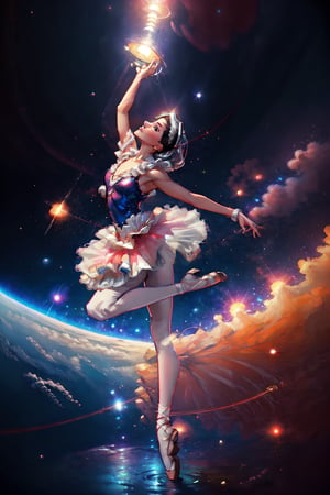 An 18-year-old young ballerina dances in space in a neon tutu and a space helmet, in space involving weightlessness, stars and Saturn behind her, slim fit physique, ballet tutu with elements of Soviet spacesuits, Soviet space paraphernalia, gloomy and dark atmosphere, retrofuturism, neon,Ballet_tutu,highres,bing_astronaut,Futuristic room,wearing ballet dress