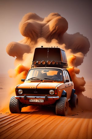 Lada Vaz 2105 car on 4 big wheels from Big Foot, mud tires, large kangaroo, roof rack, driving through an abandoned city Moscow in the desert, destroyed houses, sand, dust, sandstorm, thunderstorm, fire from exhaust pipes,scrap metal,rusty car,crossout craft,realism,