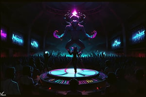 rave party, background music, orcs, goblins, elves, people, fairy-tale creatures, Tatars, disco, DJ, light music, lasers, neon, huge screen behind the DJ,demon,eldritch,beast,elemental,fey,Expressiveh,concept art,dark theme,incase style, magic spells in the air,