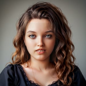 score_9, score_8_up, score_7_up,1 woman, 30 y o, Elena, waist-length portrait, brown wavy hair, mouth closed, calm face, no emotions, black dress, simple gray background, dress with a shallow neckline, front view, no makeup, chubby, clear facial features, clear face, high-quality textures