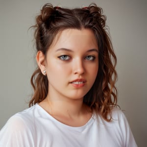 score_9, score_8_up, score_7_up,1 woman, 30 y o, Elena, waist-length portrait, brown wavy hair, mouth closed, calm face, no emotions, white t-shirt, simple gray background, front view, no makeup, chubby, clear facial features, clear face, high-quality textures, high-quality facial skin textures, high-quality eyes, high-quality lips, looks away, hair tied up in a bun