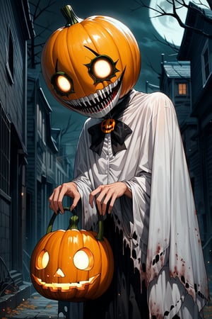 score_9, score_8_up, score_7_up, source_anime, city, spooky helloween nightmare, 1 man, Halloween ghost costume, decent white costume, Halloween pumpkin helmet with a sinister grin on her head, pumpkin helmet,Suika2XL, dark art, dark shadows, creepy, horror, scary, nightmare, body horror, 