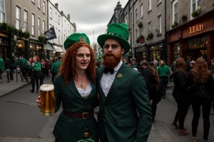 many young people in colorful suits with green shades celebrate St. Patrick's Day on the main street of the city, many have red curly hair, men have curly red beards, Irish flags are waving, many are drinking beer on the street from large beer mugs, an atmosphere of joy and fun, early spring, holiday, Ireland, beautiful girls,irish,edgShamrock,elf_crown,Beard2Alpha,photorealistic
