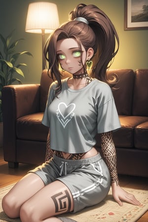 a 30-year-old girl is sitting on the sofa, she has long brown hair, her hair is disheveled and in a ponytail, light green eyes, bags under the eyes, baggy home clothes, gray shorts and an oversized gray T-shirt with pink small hearts, small earrings in her ears, wide hips, medium breasts, the room is dark, dim yellow light, from a floor lamp, deep shadows,