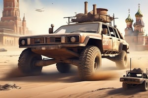 Crossout ctaft car on 4 big mud tired wheel, large Brum bar, roof rack, driving through an abandoned city Moscow in the desert, destroyed houses, sand, dust, sandstorm, thunderstorm, fire from exhaust pipes,scrap metal,rusty car,crossout craft,realism, mad max,futuristic car,tag score