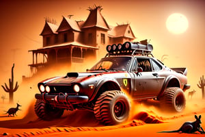 Ferrari car on 6 big wheels from Big Foot, mud tires, large kangaroo, roof rack, driving through an abandoned city in the desert, destroyed houses, sand, dust, sandstorm, thunderstorm, fire from exhaust pipes,scrap metal,rusty car,crossout craft,realism,donmcr33pyn1ghtm4r3xl  