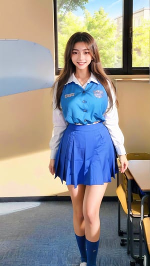 (8k, RAW photo, best quality, masterpiece:1.2), //Photo of,
1girl, solo, large_breasts, a 20 year old girl in Malaysia school uniform,long eyelashes, long brown hair, slim body, smile, cold, ,msc, bwc, (schoollogo:1.3),blue uniform,skirt,((interior, library, classroom)),looking at viewer
,eungirl,kimyojung