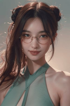 (((masterpiece))), (((best quality))), ((ultra-detailed)), ((an extremely delicate and beautiful)),dynamic (1girl), vivid light purple curly long hair, hair buns, bangs, ice light green eyes, eyeglasses, dark halter dress, lowers her head to look down, smiles,1girl, torso,