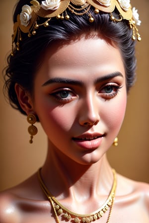 1girl,Full body portrait, length full body, full body photo, (thin full body), (flower crown) ,dramatic light, beautiful eyes, (Delicate skin), gold necklace, (sweet smile), bella ranee,thai dress ,detailed background, Depth of Field, volumetric light, crisp focus, Absurd, realistic proportions, good anatomy, (Realistic, hyperrealistic:1.4), HDR 16K,

