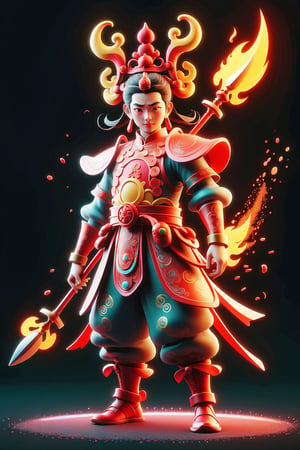 ((Chinese movie Nezha)), Nezha is a protection deity in Chinese folk religion, 

He had two buns tied on his head and a red bellyband. Holding an ancient military halberd in his right hand, he stood above a rolling fireball filled with flames,

best quality, masterpiece, beautiful and aesthetic, vibrant color, Exquisite details and textures,  Warm tone, ultra realistic illustration,	Sticker, Chibi, colorful perfect 3d ink splash forming perfect detailed extreme close up perfect realistic  ,

3d, toy style,ultra hd, realistic, vivid colors, highly detailed, UHD drawing, perfect extreme dark black background, perfect composition, beautiful detailed intricate insanely detailed octane render trending on artstation, 8k artistic photography, photorealistic concept art, soft natural volumetric cinematic perfect light, graffiti art, splash art, street art, spray paint, oil gouache melting, acrylic, high contrast, colorful polychromatic, ultra detailed, ultra quality, CGSociety,Disney pixar style,glitter