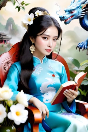 A lone Vietnamese girl sits in a chair, wearing a traditional ao dai dress and holding a flower and book. Her long black hair and elegant earrings add to her beauty. In the background, a dragon can be seen. This photo is from the R4W exhibition.The girl's serene expression and graceful posture exude a sense of timeless elegance, capturing the essence of Vietnamese culture and tradition. As she gazes into the distance, her eyes seem to hold a world of wisdom and grace, reflecting the rich heritage of her homeland. The delicate embroidery of her ao dai and the intricate details of the dragon motif in the background speak to the artistry and symbolism deeply woven into Vietnamese customs. This captivating image invites viewers to delve into the enchanting tapestry of Vietnam's history and folklore, where every detail tells a story of resilience, beauty, and enduring spirit.,more detail XL