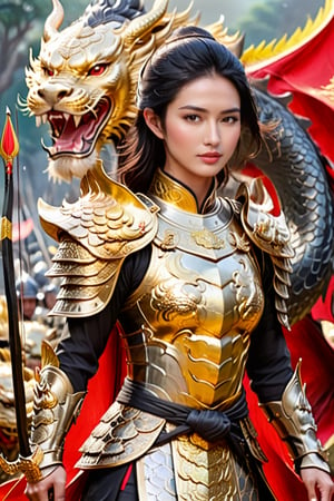 Vietnamese beautiful female warrior Bà Triệu with a cute face, short black hair, golden armor, black dragon Ao Dai, lion shield, silver long bow, and arrow, standing in the midst of battle, war crying, with his soldiers behind him.
