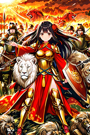 Vietnamese beautiful female warrior with a cute face, short black hair, golden armor, black dragon Ao Dai, lion shield, silver long bow, and arrow, standing in the midst of battle, war crying, with his soldiers behind him. Her companions include a white lion and a red dragon.