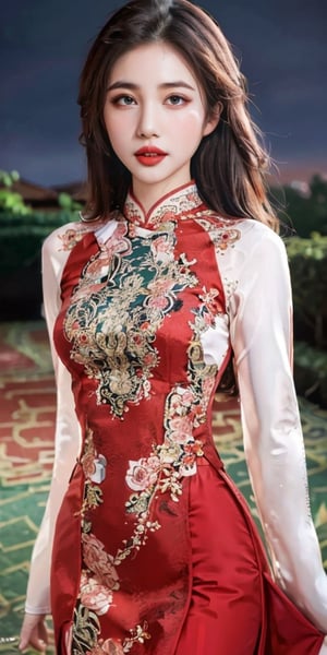  Best Quality Ultra-detailed 8K Wallpaper. It features a stunning portrait of a girl wearing the Ao Dai, a traditional Vietnamese dress. finely detailed and high resolution image that captures every nuance of her natural color lip and her expressive eyes. perfect dynamic composition that balances the contrast between the bright red of the dress and the dark background. 