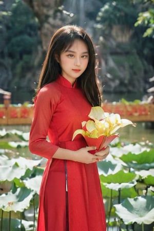 masterpiece, best quality, raw photo, realistic, Vietnamese girl, 18 years old, long flat hair, wearing a red Ao Dai with gold dragon pattern, standing in a pagoda, hand tother ask for blessing by monk master, candle and lotus in the river(professional photo, balanced photo, balanced exposure)