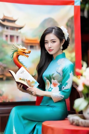 A lovely Vietnamese girl sits in a chair, wearing a traditional ao dai dress and holding a flower and book. Her long black hair and elegant earrings add to her beauty. In the background, a dragon can be seen. This photo is from the R4W exhibition.The girl's serene expression and graceful posture exude a sense of timeless elegance, capturing the essence of Vietnamese culture and tradition. As she gazes into the distance, her eyes seem to hold a world of wisdom and grace, reflecting the rich heritage of her homeland. The delicate embroidery of her ao dai and the intricate details of the dragon motif in the background speak to the artistry and symbolism deeply woven into Vietnamese customs. This captivating image invites viewers to delve into the enchanting tapestry of Vietnam's history and folklore, where every detail tells a story of resilience, beauty, and enduring spirit.,more detail XL,snowing.,beauty