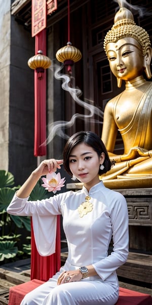 A beautiful Vietnamese girl wearing a traditional ao dai with a family crest for the Lunar New Year, holding a lotus flower, sits in a temple and lights incense in front of a Buddha statue, wishing him peace. Her husband in tuxedo with luxury watch and car stand behind her. 