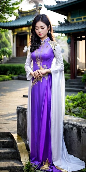 8k super high quality photo, featuring a Vietnamese girl, 21 years old, shoulder-length hair, silver-purple hair, moderate chest, wearing a royal-like ao dai with golden phoenix embroidered, ao dai adorned with many crystals. She is lighting incense and praying in a temple. The incense smoke creates a magical light that seems to escape from paradise. This photo is not only an artistic work, but also a proof of the combination of tradition and modernity, between sacred and seductive.