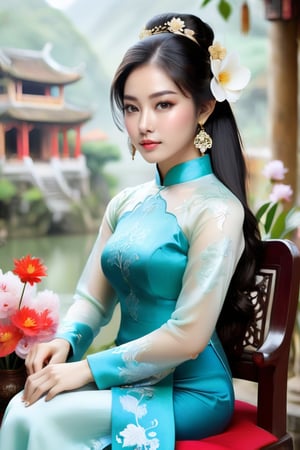 A lone Vietnamese girl sits in a chair, wearing a traditional ao dai dress and holding a flower and book. Her long black hair and elegant earrings add to her beauty. In the background, a dragon can be seen. This photo is from the R4W exhibition.The girl's serene expression and graceful posture exude a sense of timeless elegance, capturing the essence of Vietnamese culture and tradition. As she gazes into the distance, her eyes seem to hold a world of wisdom and grace, reflecting the rich heritage of her homeland. The delicate embroidery of her ao dai and the intricate details of the dragon motif in the background speak to the artistry and symbolism deeply woven into Vietnamese customs. This captivating image invites viewers to delve into the enchanting tapestry of Vietnam's history and folklore, where every detail tells a story of resilience, beauty, and enduring spirit.,more detail XL,snowing.