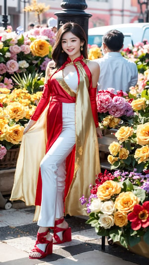 She walks with grace and confidence, her black ao dai adorned with golden dragons and flowers. The fabric flows with her every step, revealing a glimpse of her white trousers and sandals. Her long hair is tied in a bun, secured with a red ribbon. She smiles as she admires the colorful blooms and festive decorations at the Tết floral market. She feels the joy and warmth of the Lunar New Year in the air.
