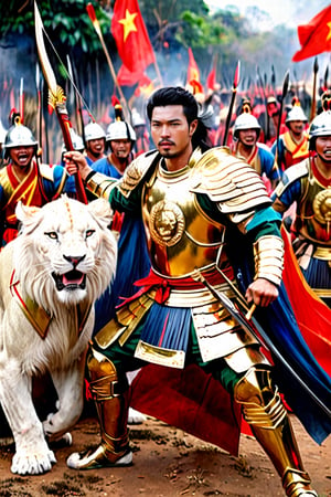 Vietnamese warrior with a handsome face, short black hair, golden armor, lion shield, silver long bow, and arrow, standing in the midst of battle, war crying, with his soldiers behind him. His companions include a white lion and a red dragon.