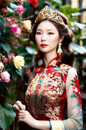 Masterpiece image of a beautiful vietnamese girl in red ao dai,flower and phoenix pattern, chestnut brown hair that cascades down her shoulders, embellished with a golden hairpiece resembling leaves and berries. (divine proportion), non-douche smile. Her eyes should be a striking blue, large and expressive, framed with long, delicate lashes. Her attire is a richly detailed armor with ornate, golden filigree designs, featuring intricate patterns and embedded with sapphire-like gemstones. The character is poised elegantly, exuding a noble aura, with soft light filtering through a stained glass window casting warm hues around her. Her expression is serene and composed, with a slight blush on her cheeks and a faint smile on her lips. The background is a grand, medieval library with rows of ancient books and flickering candles, creating an atmosphere of old-world charm and mystique. by Skyrn99, full body, (((rule of thirds))), high quality, high detail, high resolution, (bokeh:2), backlight,beauty