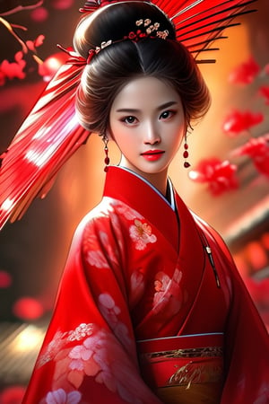 Best Quality Ultra-detailed 8K. It features a stunning portrait of a Korean girl wearing the Ao Dai, a traditional Vietnamese dress. finely detailed and high resolution image that captures every nuance of her natural color lip and her expressive eyes. perfect dynamic composition that balances the contrast between the bright red of the dress and the dark background. 